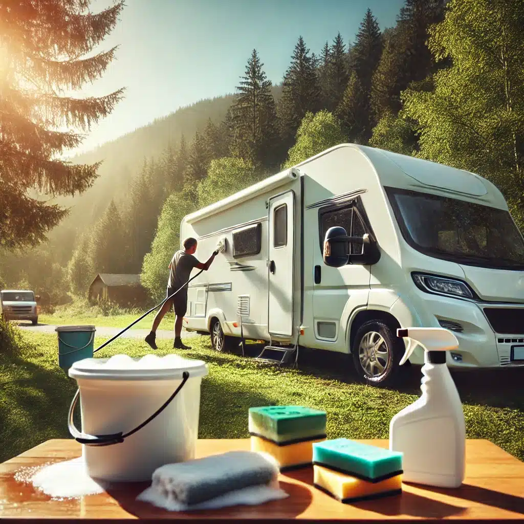 Camper schoonmaken in een natuurlijke omgeving met schoonmaakmaterialen en een schone camper