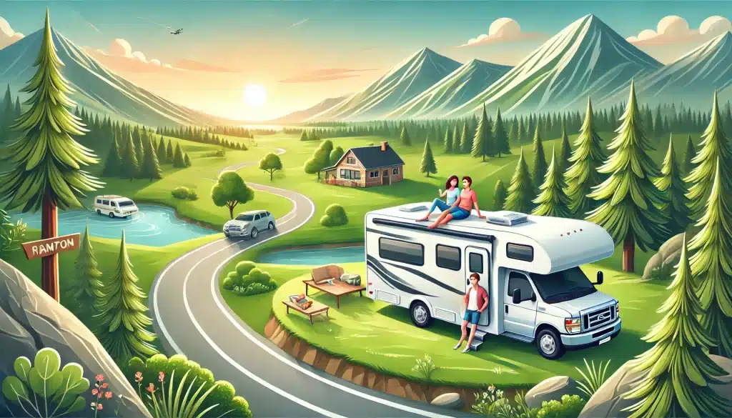 de voordelen campervakantie is een camper op een afgelegen plek, een gezin dat geniet van de comfort van de camper, en een avontuurlijke route die de flexibiliteit van camperreizen benadrukt.